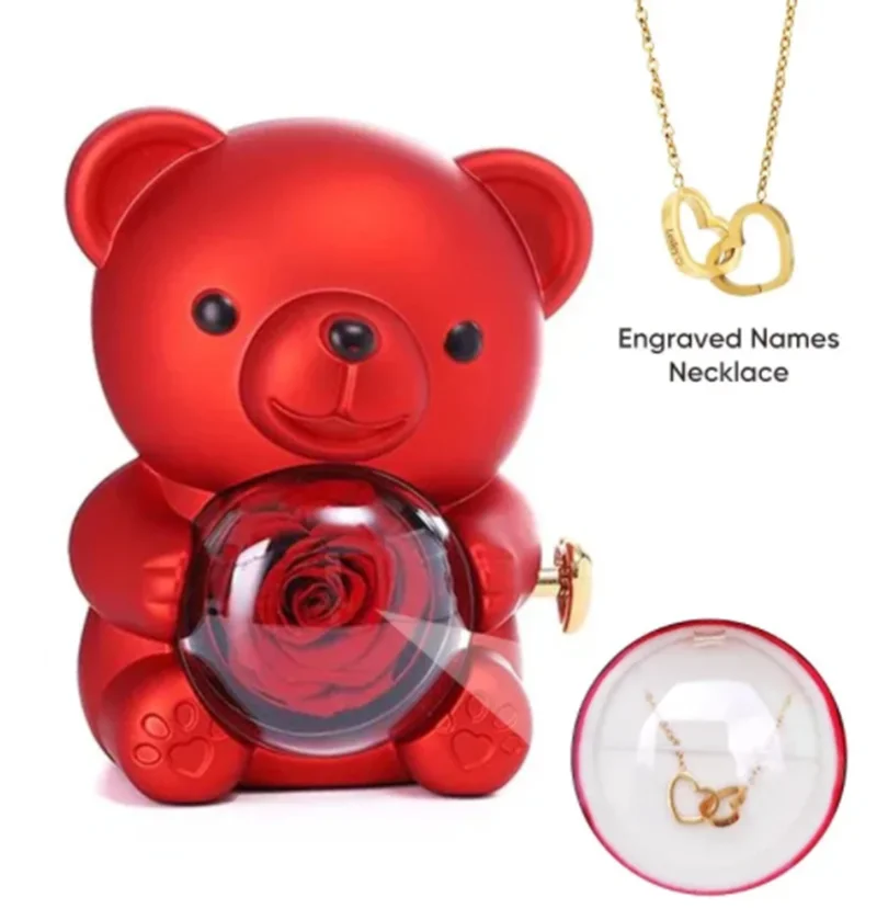 Eeuwige Rose Teddybeer Geschenkdoos met ketting Draai Rose Sieradendoos Valentijn Bruiloft Opbergdoos voor Vrouwen Vriendin