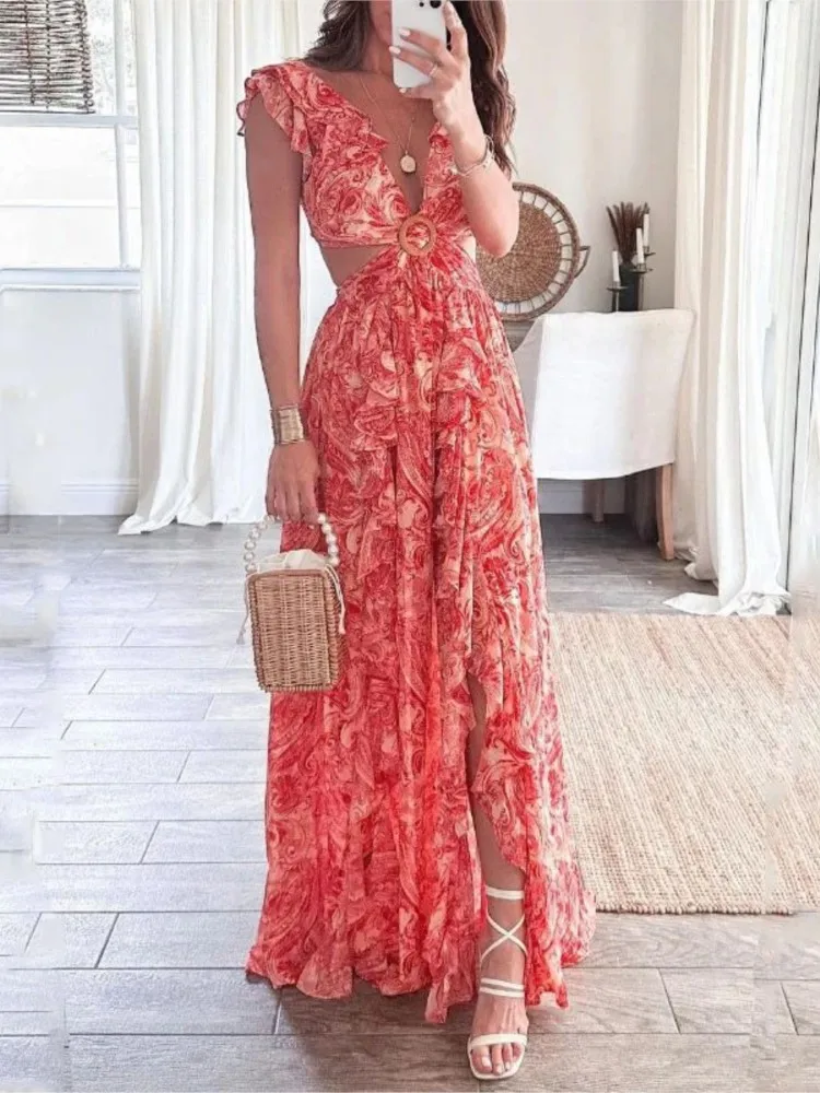 

Summer Printed Deep V-neck Sexy Off-waisted Long Pleated Dress Women's Elegant And Sweet Sleeveless High-waisted Dresses