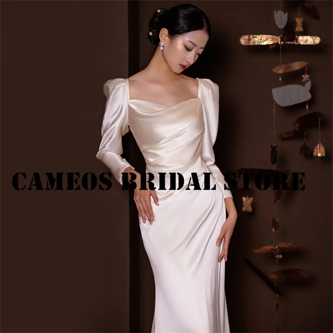 SONDR Custom Made Satin Simple High End Wedding Dresses Square Collar Long Sleeves Ruched Ivory Bride Gowns Women Bridal Dresses