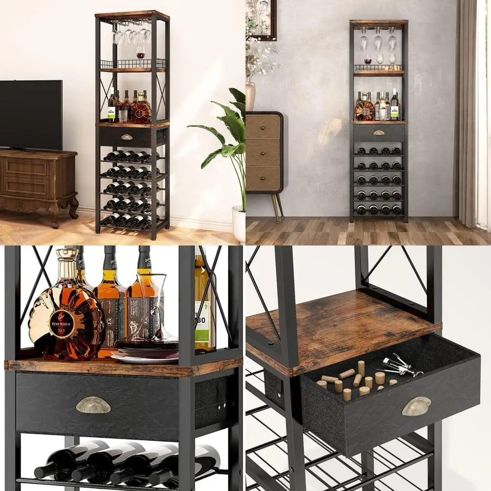 

Floor Standing 4-Tier Wine Rack with Glass Holder, Drawer, and Tabletop Storage for Bar Cabinet in Living Room