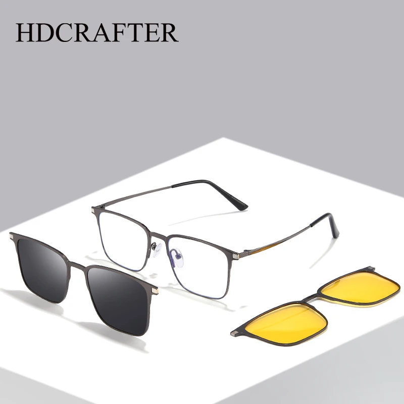 HDCRAFTER 3 In 1 Magnet Myopia Prescription Custom Sunglasses Polarized Clip On Glasses Frame Men Women Vintage Optical Eyeglass