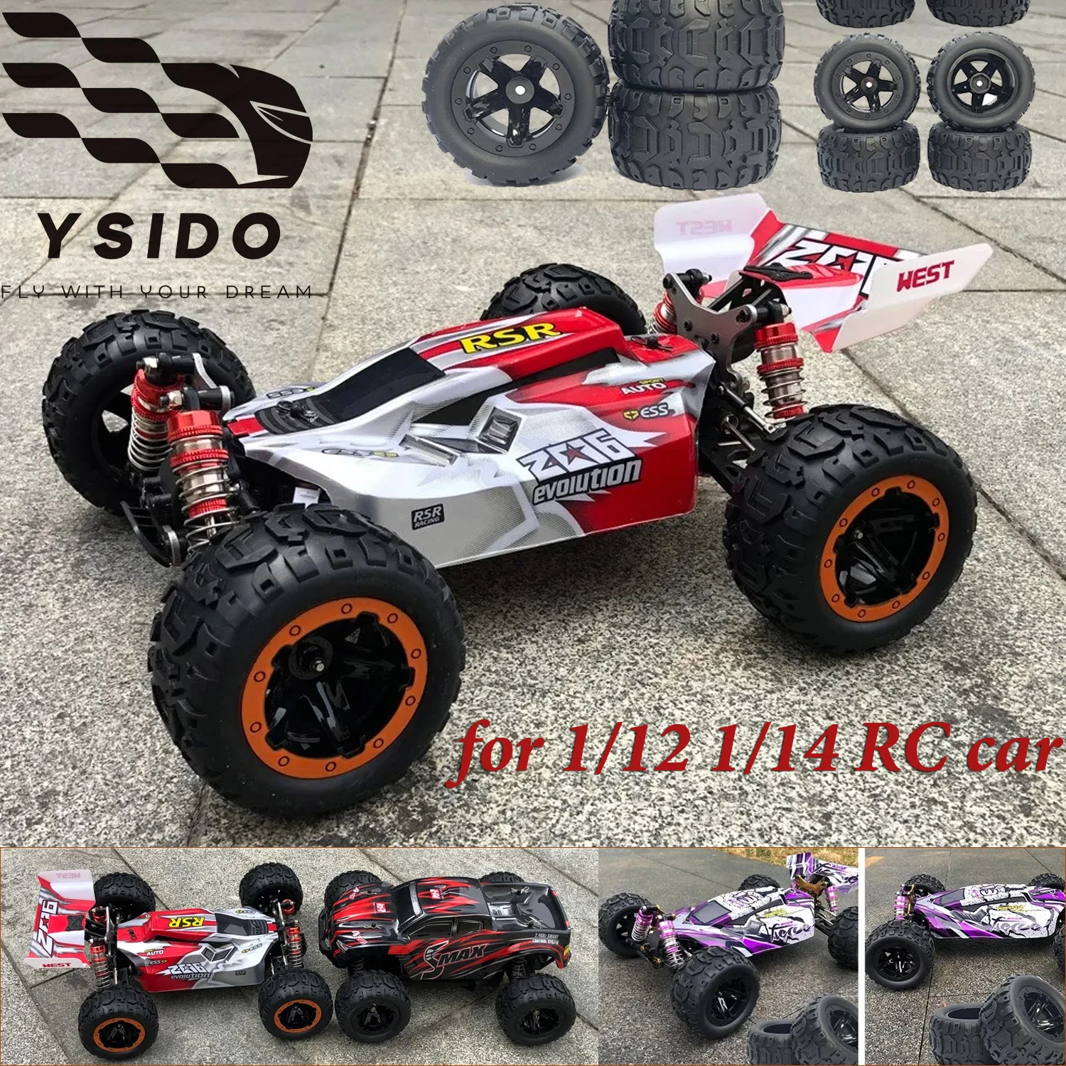 4PCS YSIDO Skidproof Rubber Wheel Tyre Wear-resistant Off-road Vehicle Tires Soft for Smax 1625 1635 Wltoys 144001 124018 HBX 16