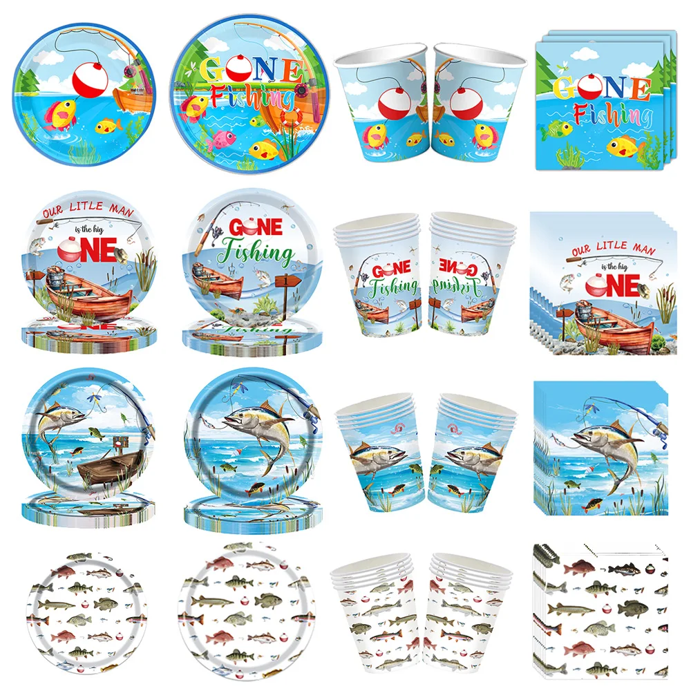 kids Gone Fishing Birthday Disposable Tableware Little Fisherman Party Supplies Plates Cups Napkin Boy Girl Birthday Party Decor