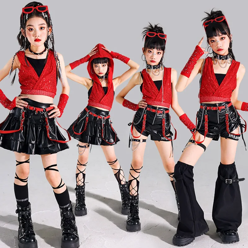 

Jazz Outfit Children Performance Suit Red Sequin Crop Top Black Shorts Model Runway Show Costumes Girls Kpop Stage Costumes 2003