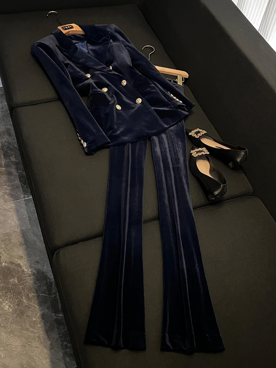 

High-End Deep Blue Double-Breasted Velvet Suit Set Flared Pants Professional OL Two-Piece Formal Women's Fashion 1302