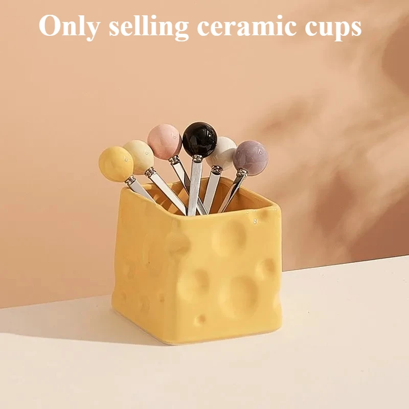 1pc Ceramic Mouthwash Cup Spoon Fork Storage Cup Cheese Ceramic Jar Household Daily Necessities Makeup Brush Storage Cup