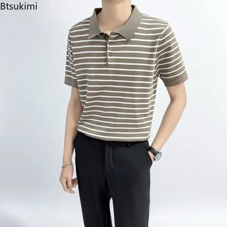 

2025 Men Clothing Summer Vintage Casual T Shirts Striped Lapel Tops for Men Harajuku Streetwear Breathable Ice Silk Polo Shirts