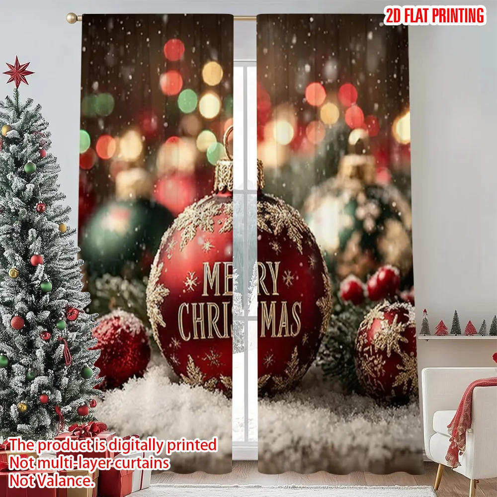 

2pcs 2D flat printing Merry Christmas Scene Curtains Christmas red Versatile 100% Polyester Without Electricity Spring Party &