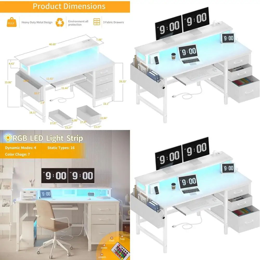 

47 Inch White Computer Desk with Storage Cabinet, Monitor Stand, and Power Outlets for Home Office, Gaming, and Study