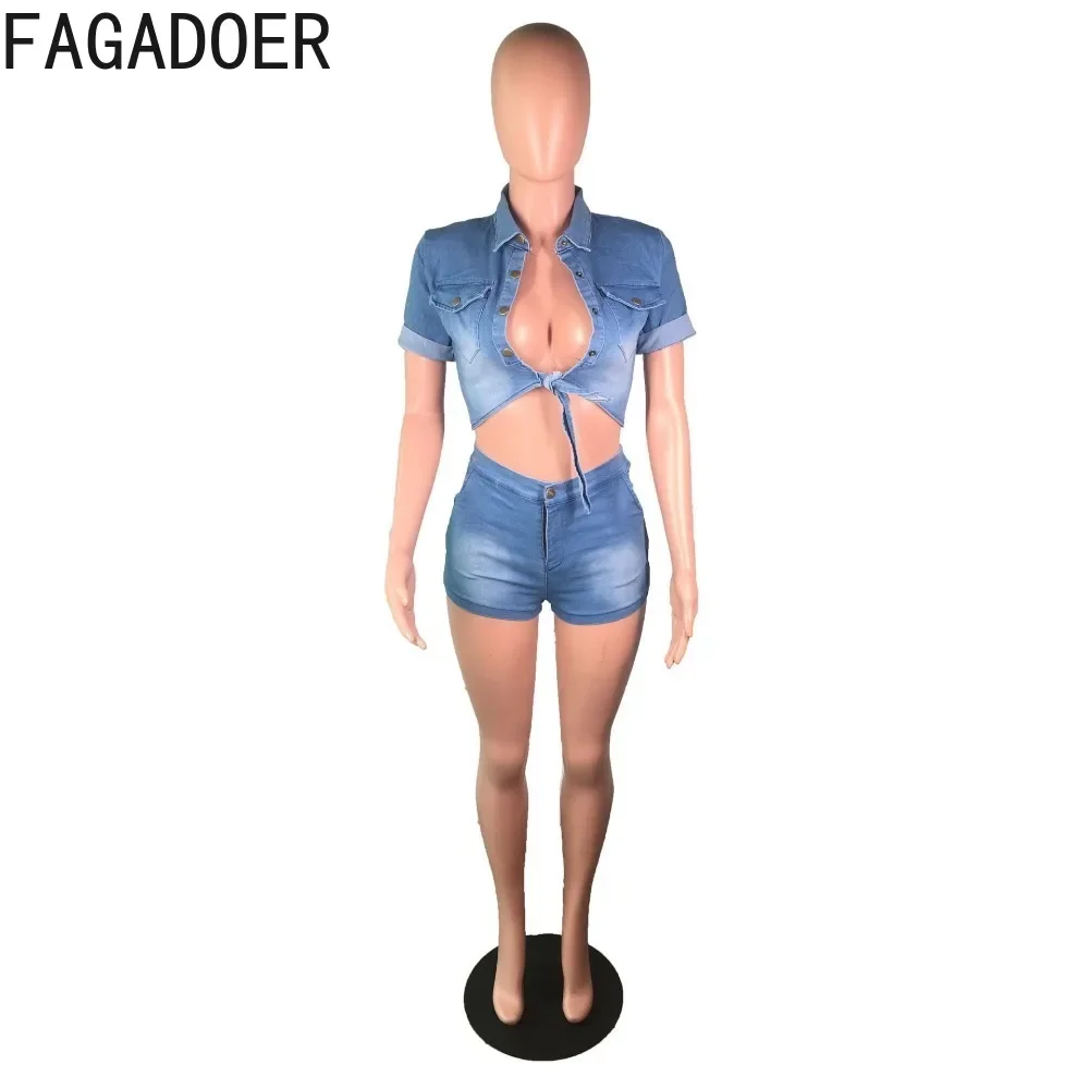 FAGADOER Blue Fashion Bandage Denim Two Piece Sets Women Turndown Collar Crop Top And Shorts Outfits Casual Cowboy 2pcs Clothing