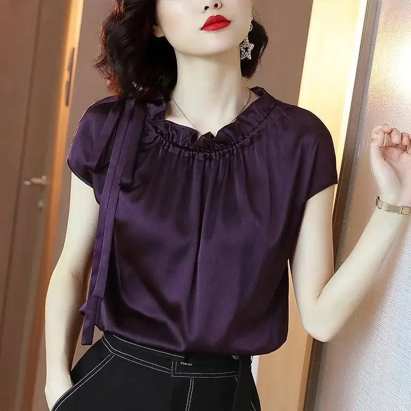 

Stylish Shirring Stand Collar Blouse Summer Short Sleeve Women's Clothing Drawstring Bow Commute Basic Solid Color Loose Z128