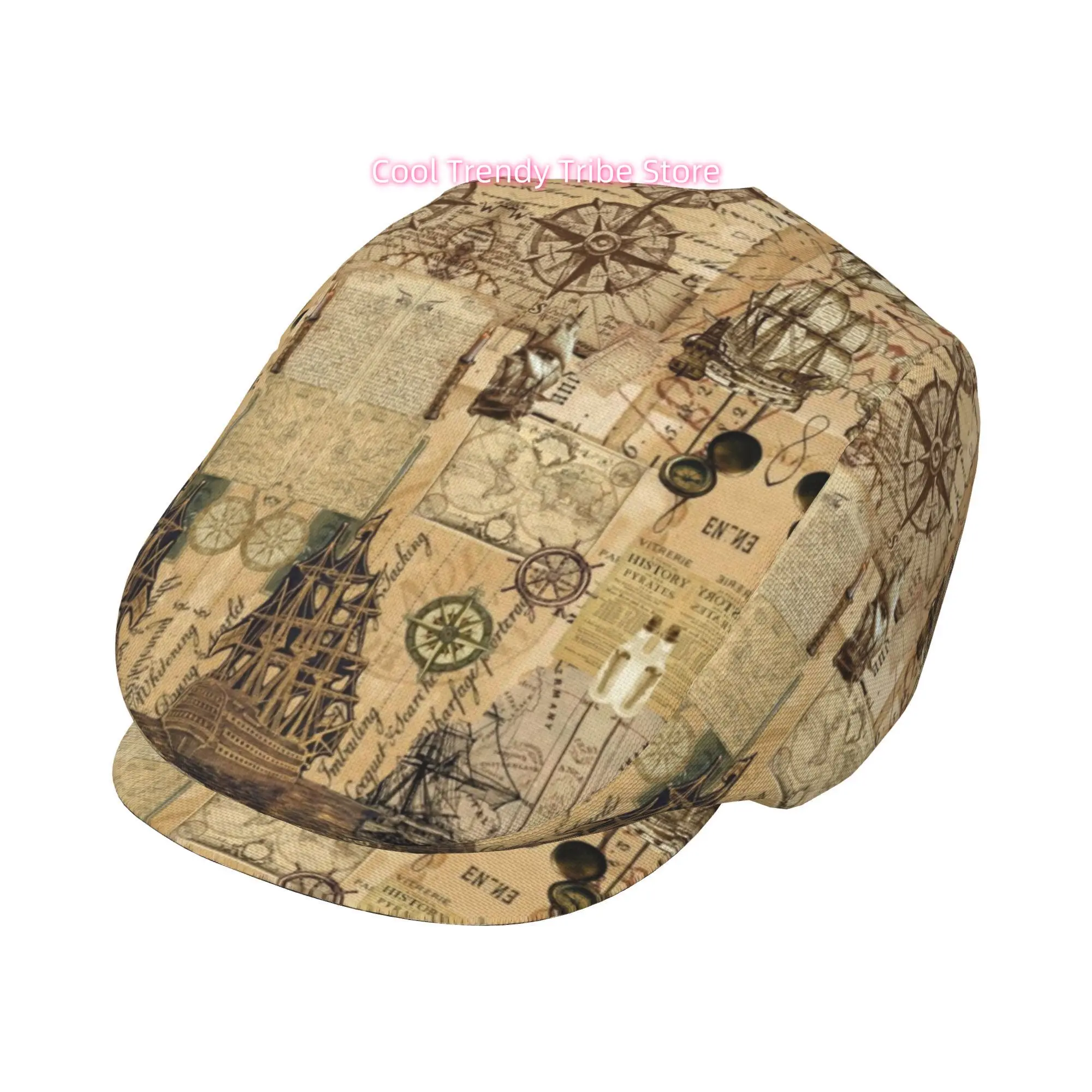 Nautical Theme Vintage Collage All-over Print Flat-top Hats for Men and Women, Newsboy Caps, Berets, Irish Hats, Driver Caps, Re