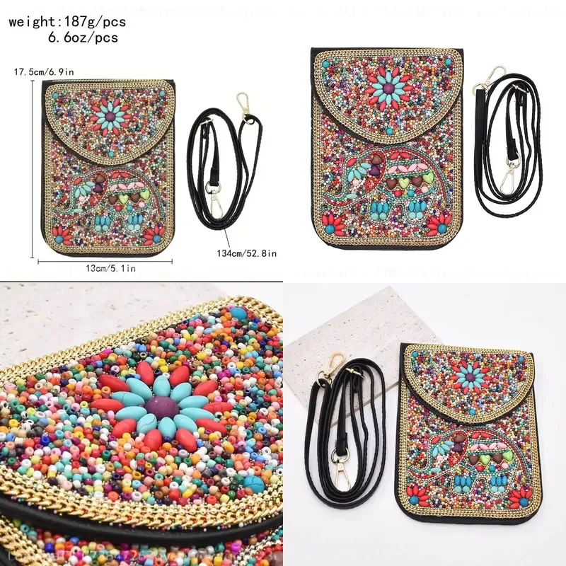 Boho Elephant Beaded Phone Crossbody Bag for Women PU Leather Mini Shoulder Pouch with Detachable Strap