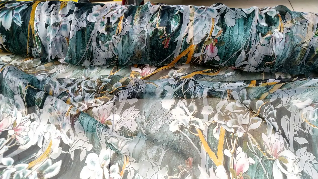 Cloth Real pure mulberry silk fabrics designer print floral pleated chiffon tulle fabric sewing supplies summer dress quilting