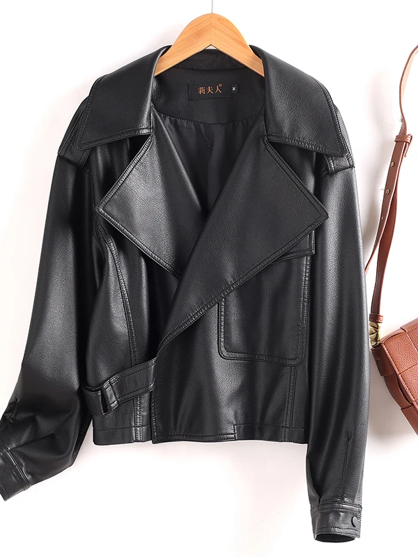本革ジャケット レディース オートバイ用 ルーズフィット ブラックレザーコート 高級革製 おしゃれ 通勤デザイン