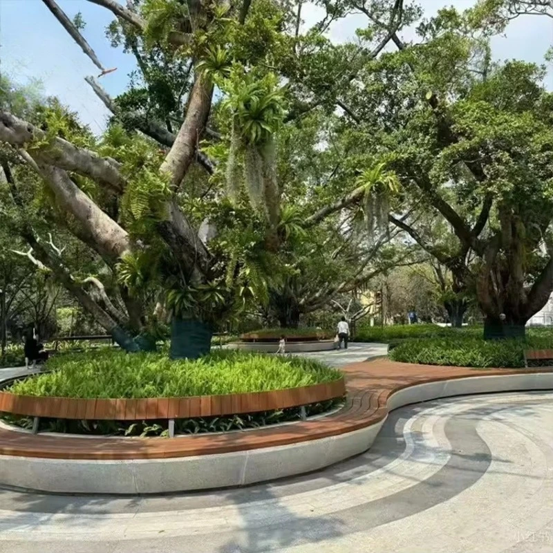 

Гибкая изогнутая прочная скамья-кашпо из терраццо для парков и ландшафтного дизайна с деревянным сиденьем и встроенным цветочным горшком