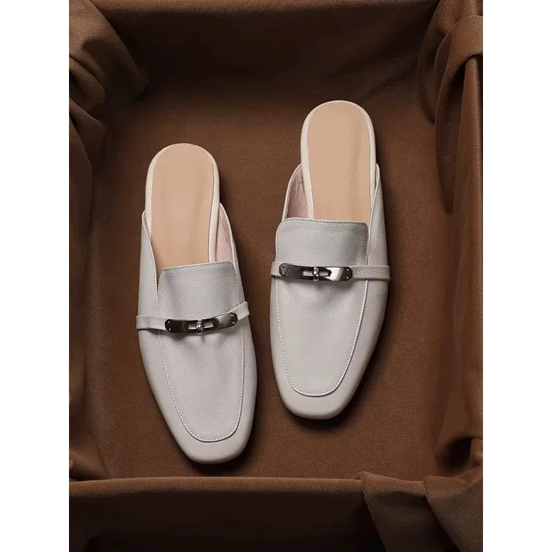 Soft Leather British Style Women's Mules Summer New Fashion Flat Bottom Slip-On Shoes Head Cover Half Slippers Outdoor Wear