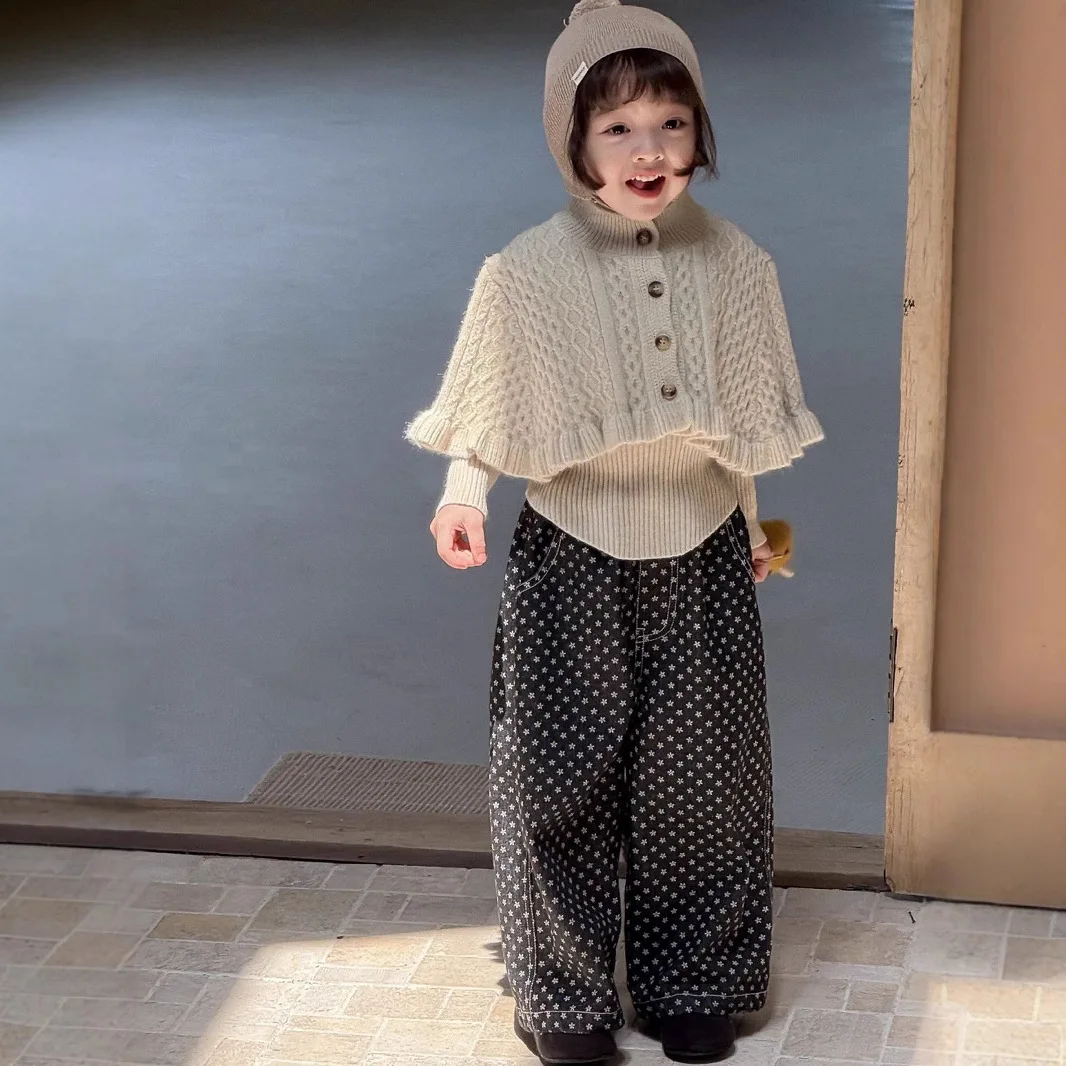 2025 New Girls Korean Fashionable Hooded Knitted Cloak Coat Floral Pants Sweater Girls Spring and Autumn Sweater