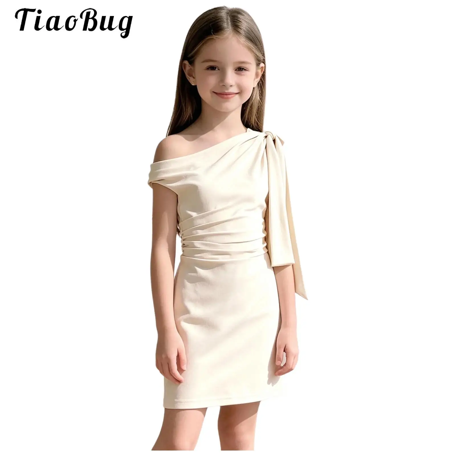 Girls Asymmetrical Off Shoulder Party Dress Child Bow Sleeveless Ruched Bodycon Pencil Dress Kids Pageant Wedding Birthday Gowns