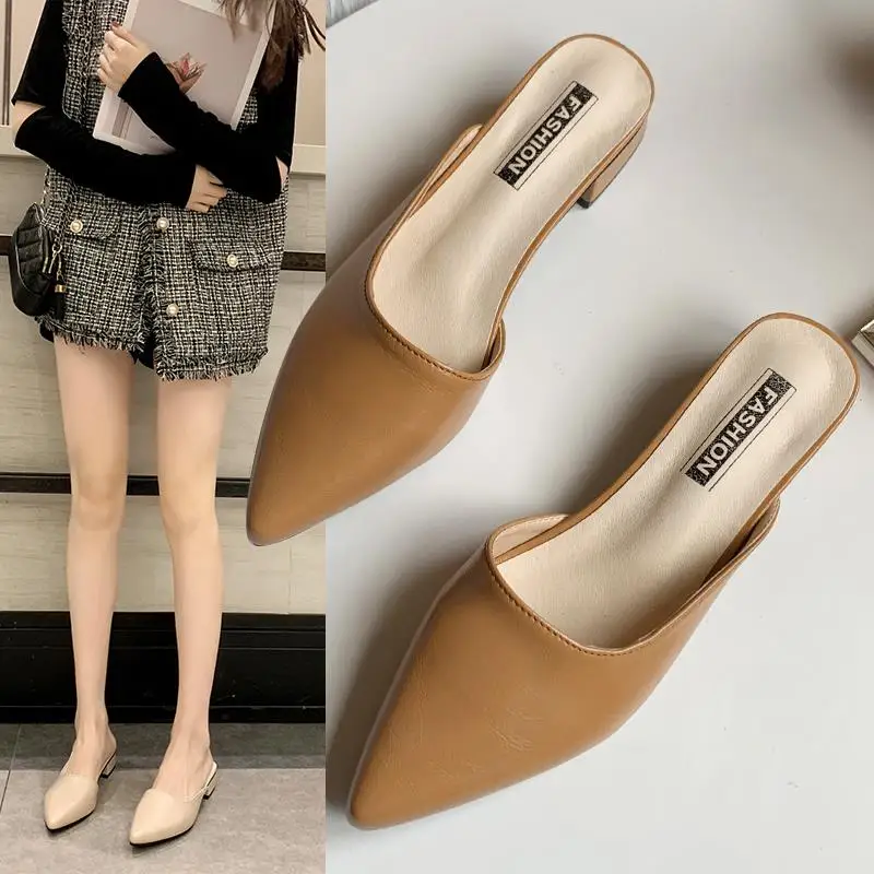 Pointed Toe f Slippers Women's Outdoor Wear Spring Autumn New Medium Heel Lazy Headed Slippers Elely High Heeled Sandals