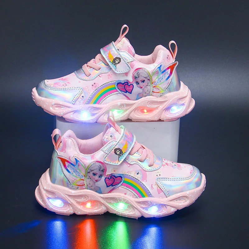 女の子のためのディズニープリンセスエルザシューズ,通気性のあるメッシュスポーツシューズ,パープル,ピンク,秋,23-36