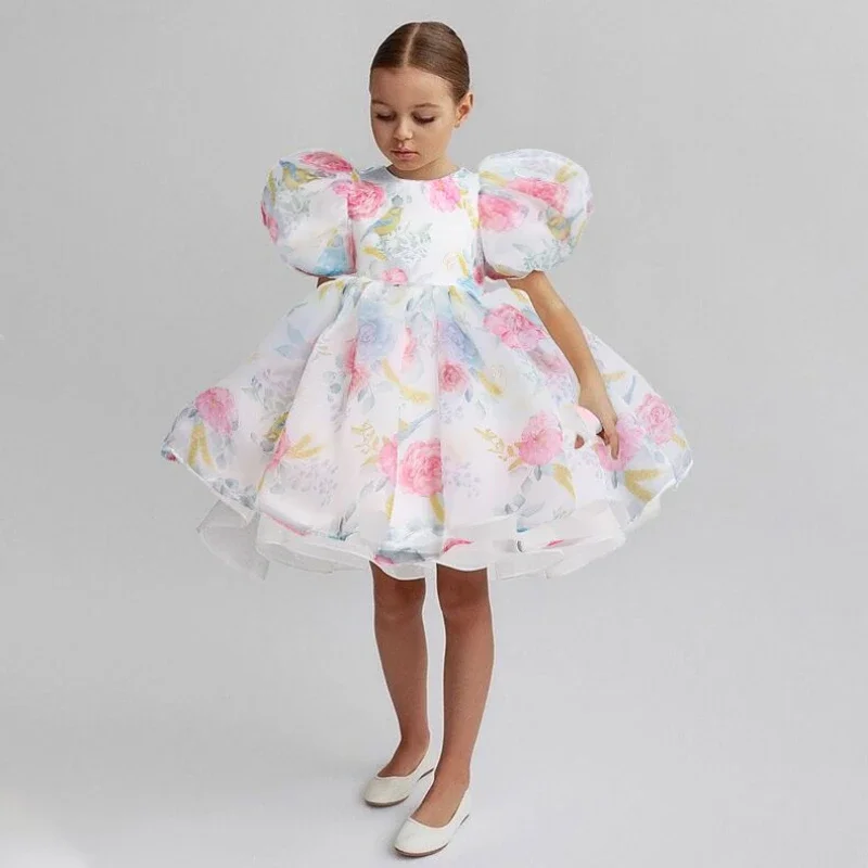 Dress for Kid Girl Flower Birthday Costume for Puff Sleeves 2024 New Girls Party Dresses for 3-8Y Children Princess Formal Dress