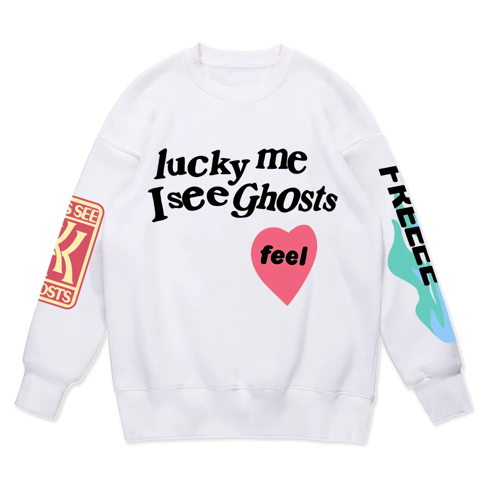 Kanye West Style Street Sweatshirt Men Loose Oversized Cotton Hoodie Lucky Me I See Ghosts Print Pullover Winter Thick Clothing