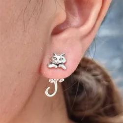 Retro Silver Color Cat Stud Earrings for Women Cute Animal Kitten Fox Frog Earring Girls Party Birthday Minimalist Jewelry Gifts