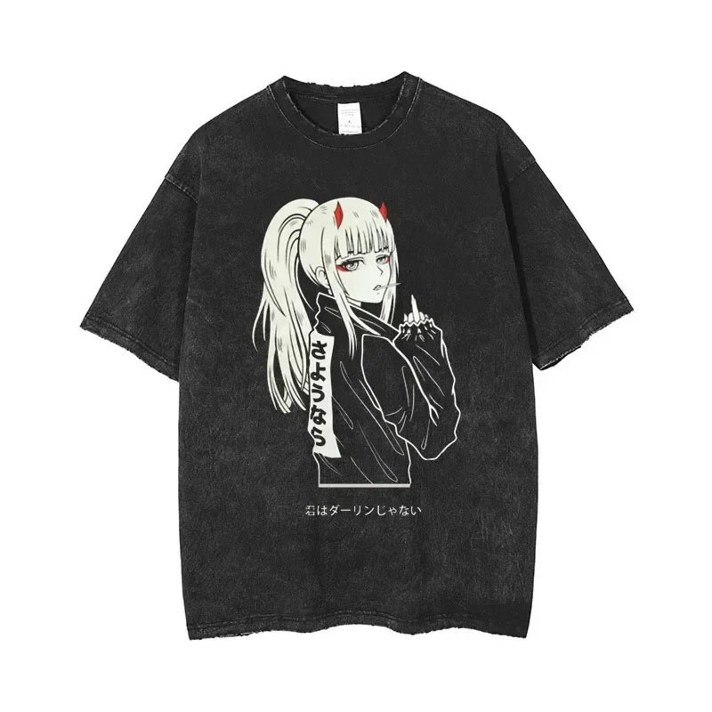 2026 Summer Darling in The Franxx Zero Two Partner Killer Washed Anime T-shirt Harajuku Streetwear Oversized Short Sleeve Tee