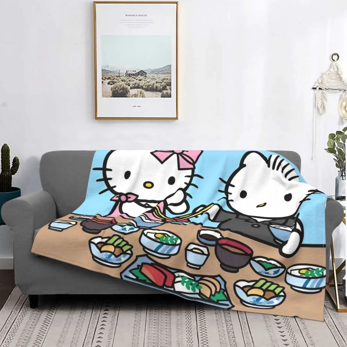 Official Hello Kitty And Father Eating Blanket Flannel Printed Multifunction Soft Throw Blanket for Bedding Couch Rug Piece