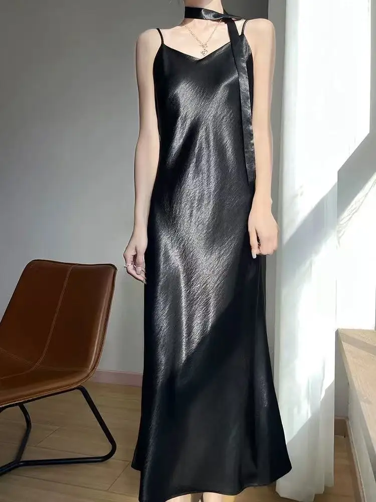 Robe française élégante en Satin pour femmes, ample, avec ruban, mi-longue, mode féminine, esthétique, robe de soirée, été