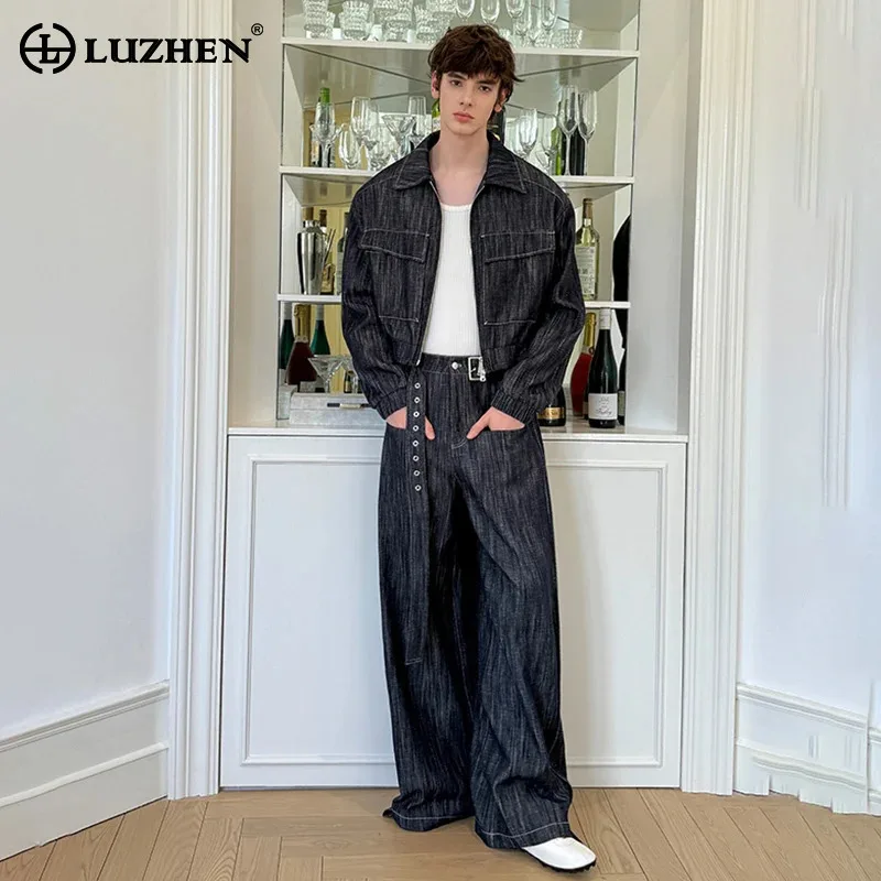 

LUZHEN 2025 Autumn Original Two-piece Sets Vintage Style Stripe Textured Print Elastic Waist Jacket Men's Trendy Trousers JY4828