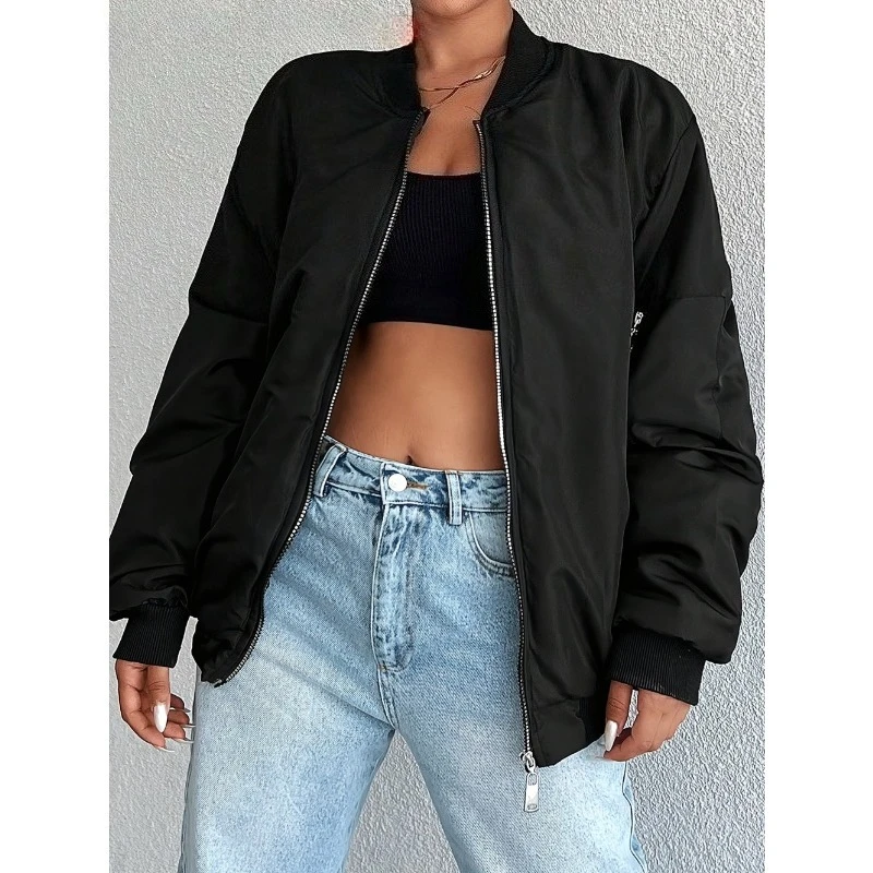 เสื้อแจ็คเก็ตบอมเบอร์แฟชั่นสไตล์สตรีทแขนยาวสำหรับฤดูใบไม้ผลิและฤดูใบไม้ร่วง เสื้อสเวตเชิ้ตซิป เสื้อคลุมลำลองสีพื้นสำหรับผู้หญิง