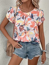 Summer Women Elegant Floral Print Shirt Casual Fashion Vintage Office Lady O Neck Loose Short Sleeve Tops