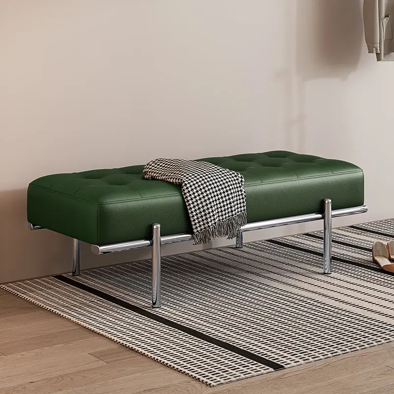 

Italian-style Shoe Changing Bench for Home Entrance High-end Stainless Steel Designer Long Bench, Genuine Leather Bed End Bench.