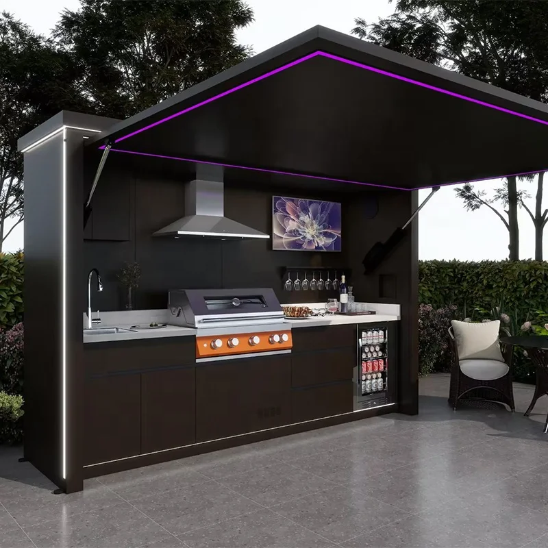 Modular Stainless Steel 304 Outdoor Kitchen Shed Remote Control Easily Assembled Weatherproof BBQ Cabinetry Flame Safety Roof