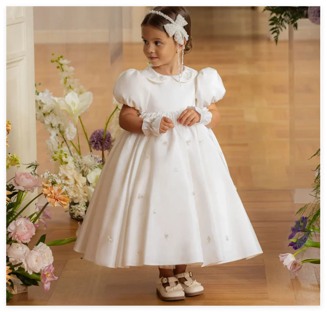 Jill Wish Luxury White Satin Beads Flower Girl Dress with Glove Ankle Length for Princess Birthday Wedding Party Ball Gown