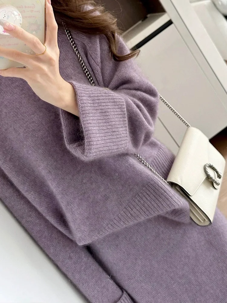 Women Two Pieces Sets Knitted Gentle Loose Casual O-neck Pullover Slouchy High Waist Midi Skirts Solid Elegant Daily Temper Warm