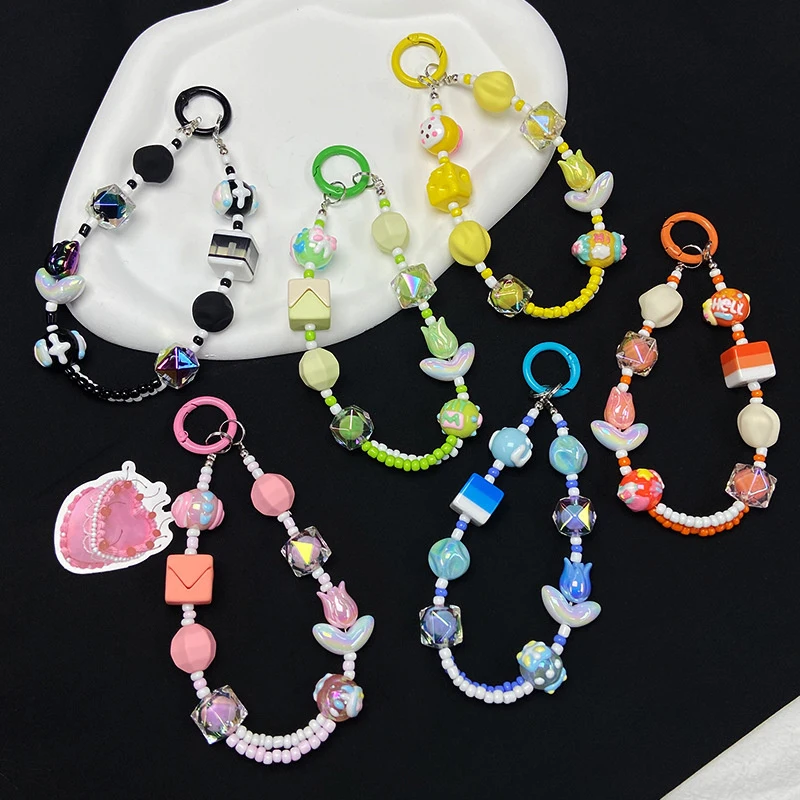 Macaroon Flowers Beaded Bracelet Lanyard Envelope Phone Charm Keychain Bag Pendant Wrist Strap Anti-Lost Chain Phone Strap