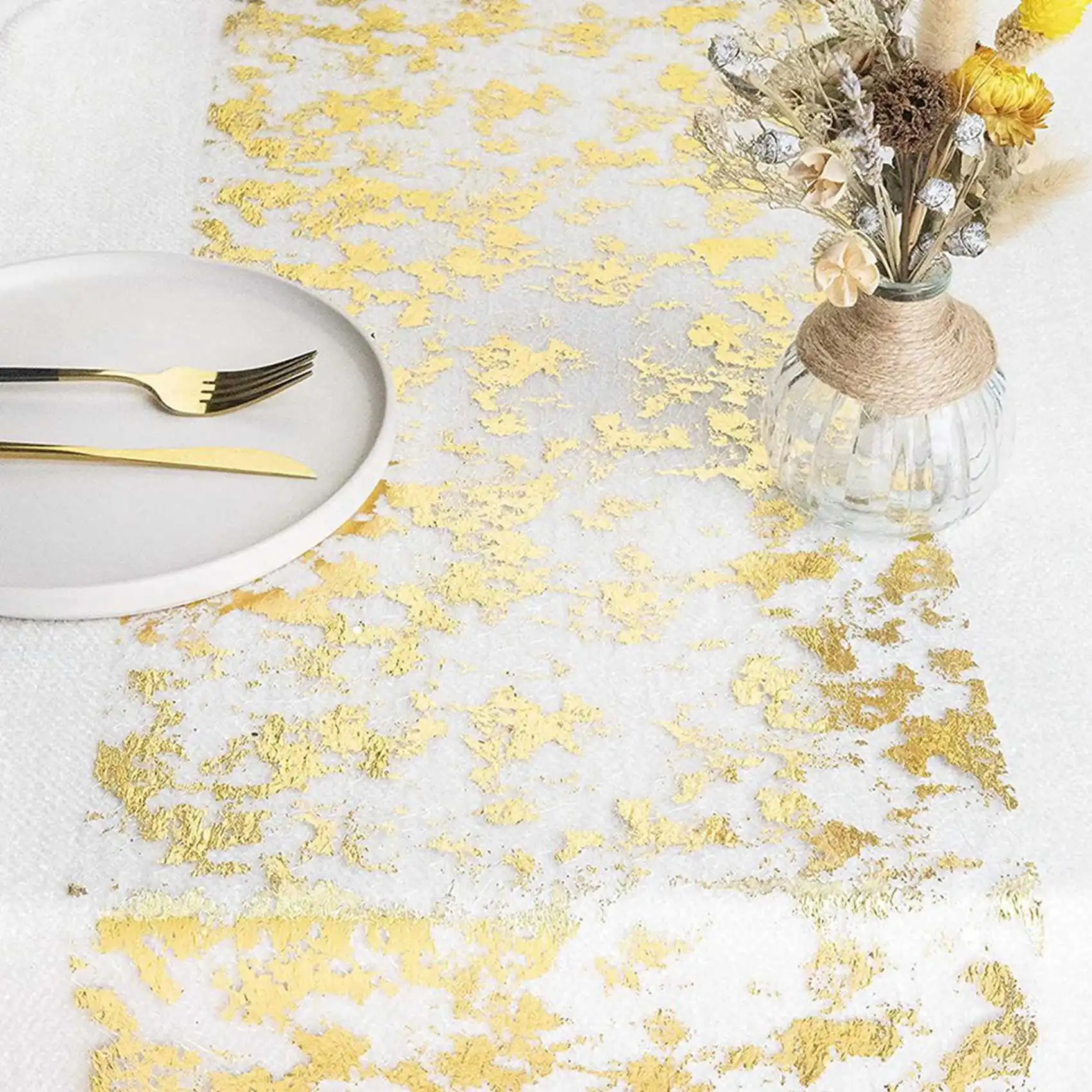 BHTS-6X Table Runner, Sparkling Polyester Tulle Ribbon Roll With Gold Foil,Birthday Party Wedding Christmas Decor 28Cmx10m