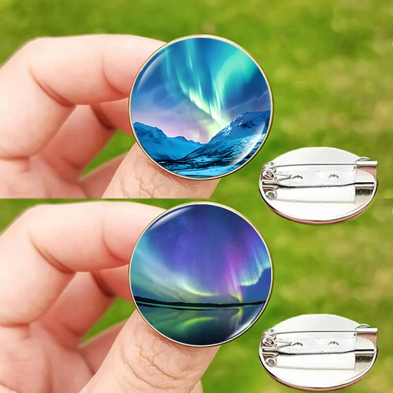 Northern Lights Backpack Brooches for Women Eleghant Aurora Glass Cabochon Pictures Lapel Pins Fashion Jewelry