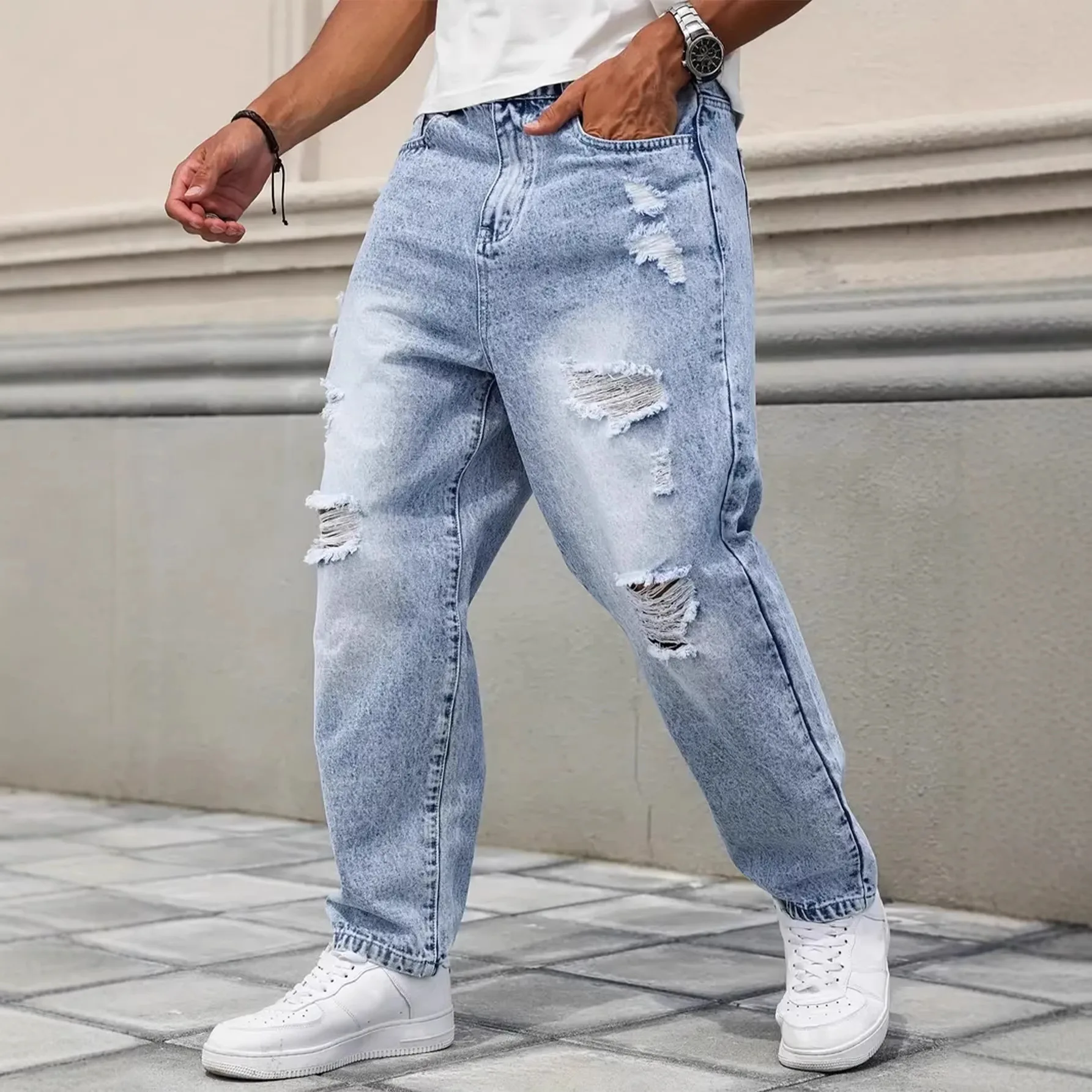 Men Light Blue Hole Patched Straight Basic Daily Casual Jeans Pants Style New Fashion Vintage Male Denim Trousers Bottom Clothes