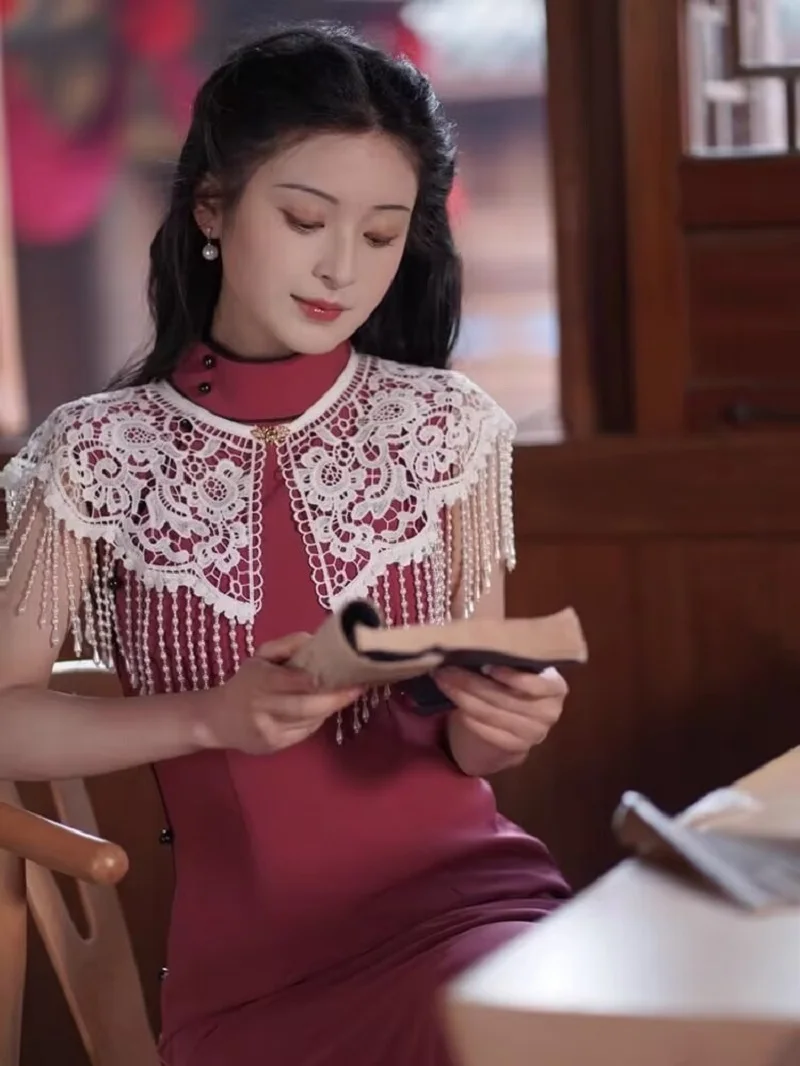 Womens Lace Shawl Chinese Cheongsam Cape with Lone Pearl Tassels