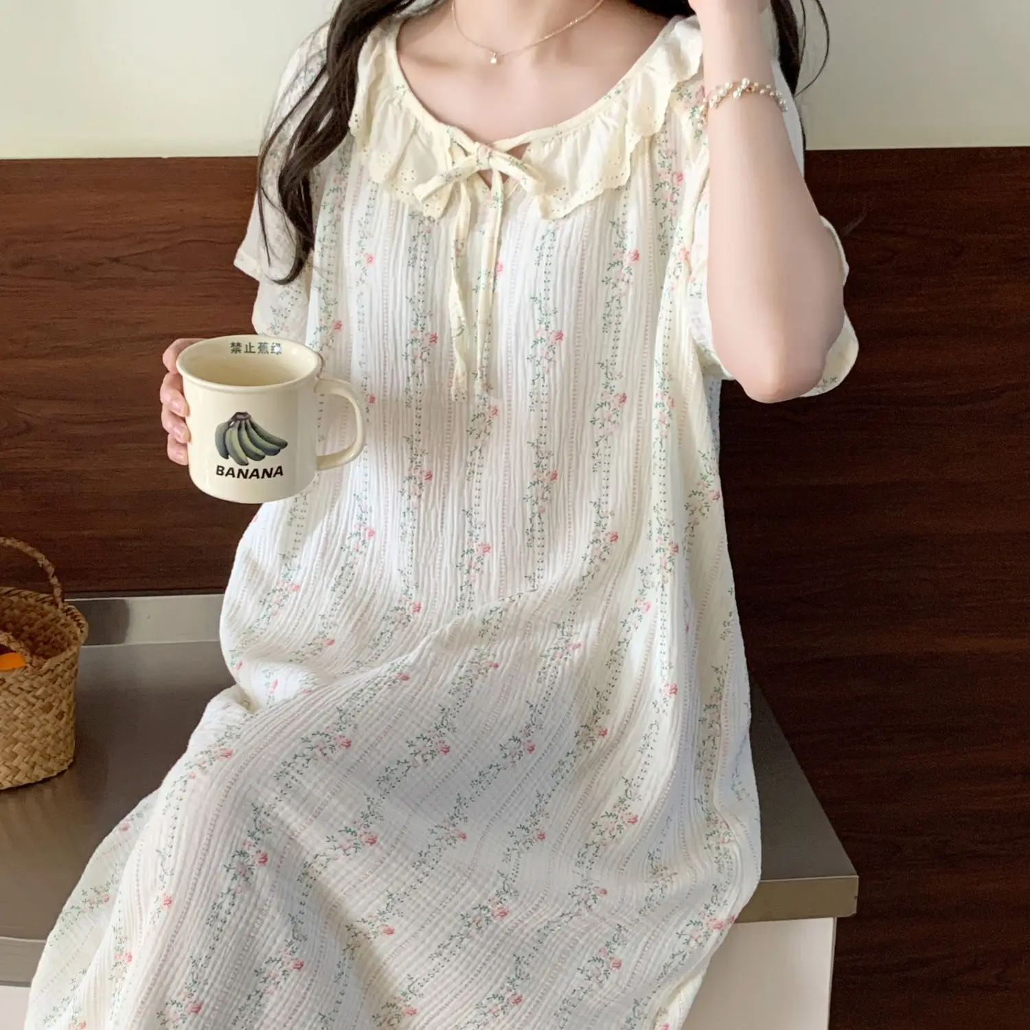 

Новая летняя юбка средней длины с цветочным принтом, пижамы для женщин, повседневная кружевная ночная рубашка с круглым вырезом, домашняя одежда, популярное корейское платье, домашняя одежда