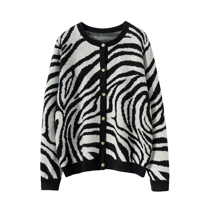 2024 New Thickened Ink Painting Round Neck Cardigan Women 100% Merino Wool Fashion Warm Women's Long Sleeve Sweater Cardigan