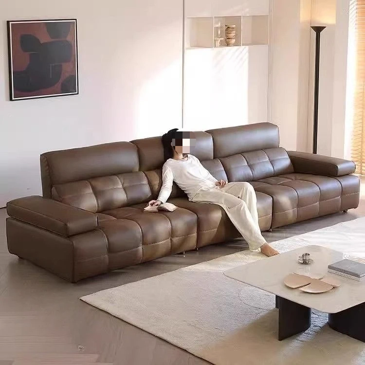 High backrest leather large sofa, living room straight row sofa, adjustable, large apartment