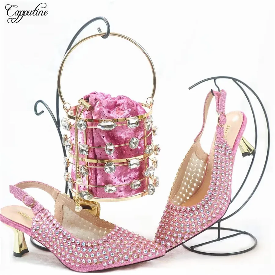 Pink Women Shoes And Bag Set Luxury African Ladies High Heels Pumps Match With Handbag Sandals Escarpins Femme Sandales GL27