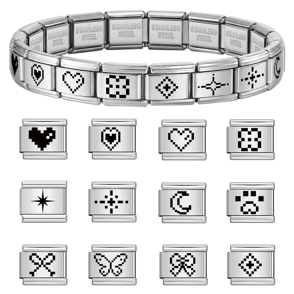 Geometrisches Laser-Retro-Pixel-Herzmuster Herren Damen Italienischer Charm-Anhänger Passend für 9mm Armband DIY Perlen Edelstahl Schmuck – Detail 1