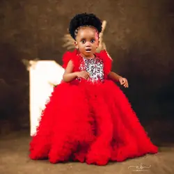 Red Ruffles Kids Birthday Party Dresses Silver Sequined Ball Gown Flower Girl Dresses for Wedding Baby Girls Prom for Photoshoot