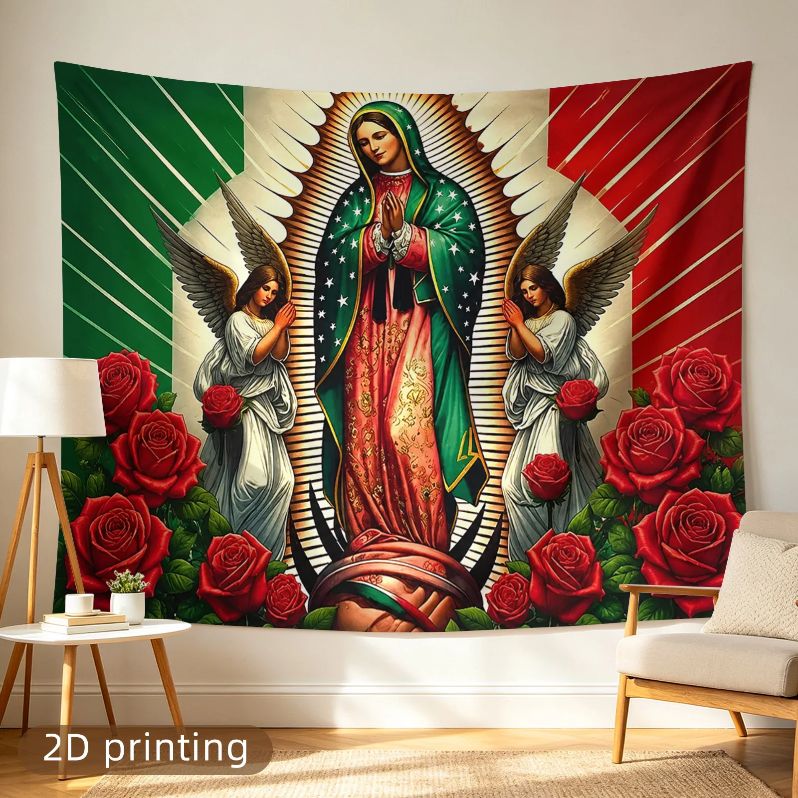 2D Flat,1pc Printed Tapestry, Our Lady of Guadalupe with Angels and Red Roses Pattern, Wall Decor, for Living Room,Bedroom